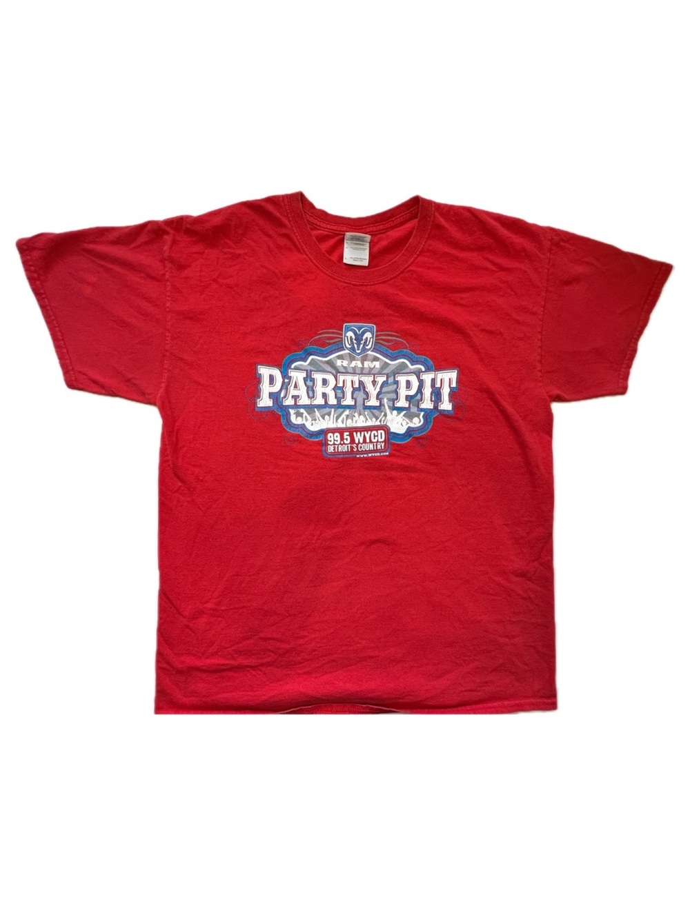 Vintage 99.5 WYCD Detroit Ram Party Pit Graphic T Shirt Red Gildan Size L